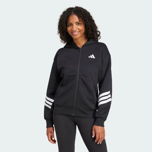 【adidas 愛迪達】W FI 3S FZ HD 女 連帽外套 運動外套 休閒穿搭 黑 白(JE0171)