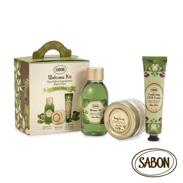 【SABON】官方直營 盛宴橄欖明星三部曲推薦組(沐浴油 100ml+身體磨砂膏 60g+積雪草修護霜 30ml)