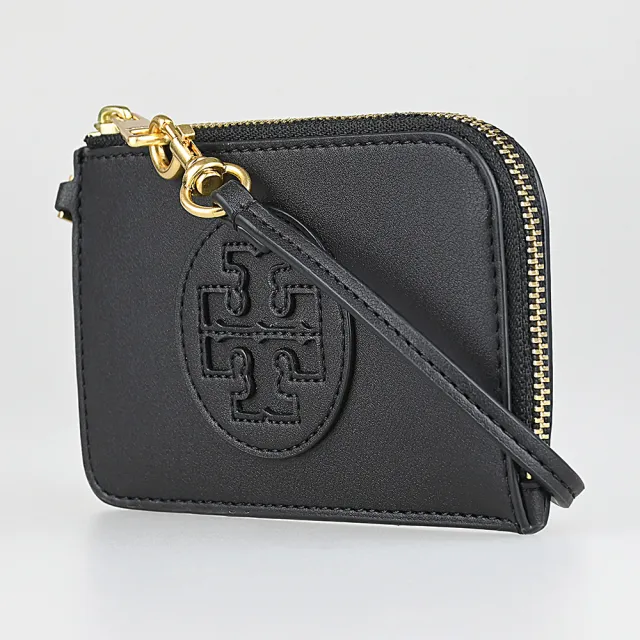 【TORY BURCH】TORY BURCH Ella Bio圓形皮標LOGO牛皮4卡拉鍊腕帶卡夾零錢包(黑)