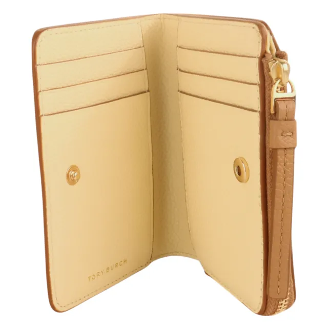 【TORY BURCH】立體皮雕TB 皮革拉鍊暗釦短夾(淺駝)