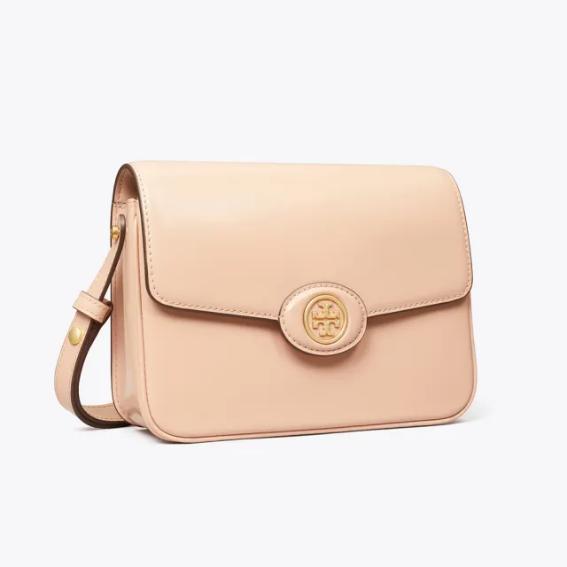 【TORY BURCH】專櫃經典款 漆皮翻蓋簡約經典雙T LOGO斜背包/側背包 粉紅色(附原廠防塵袋)