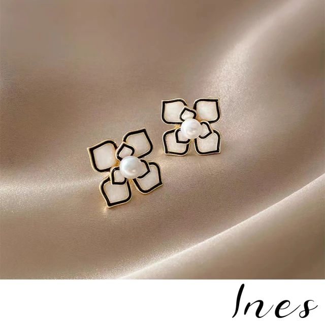 INES 韓國設計撞色線條典雅彩釉珍珠花朵造型耳環(撞色耳環
