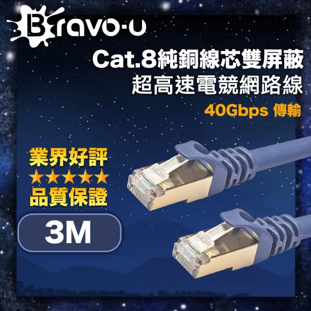 【Bravo-u】Cat.8純銅線芯雙屏蔽 40Gbps超高速電競網路線 藏青 3M