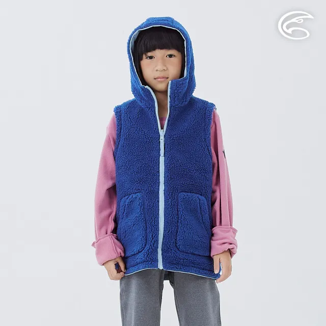 【ADISI】童雙面穿撥水防風保暖連帽背心 AV2421100 灰藍/丈青 140-160(羊絨感 防潑水 保暖背心 防風)