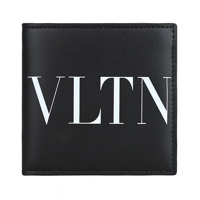 【VALENTINO 范倫鐵諾】VALENTINO GARAVANI 簡約燙印白字LOGO設計牛皮4卡對折短夾(黑x白)