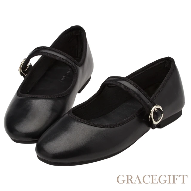 Grace Gift 復古百搭方頭絨面平底瑪莉珍鞋(紅) 推