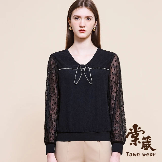 TOWN’WEAR 棠葳 典雅領巾拼接上衣(中大尺碼/女上衣/女上著/素色/長袖/印花/氣質/優雅)