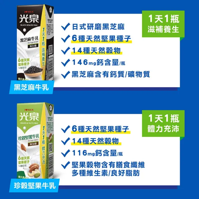 【光泉】養生三寶牛奶200mlx2箱(共48入;無加糖高鈣/黑芝麻/珍榖堅果)