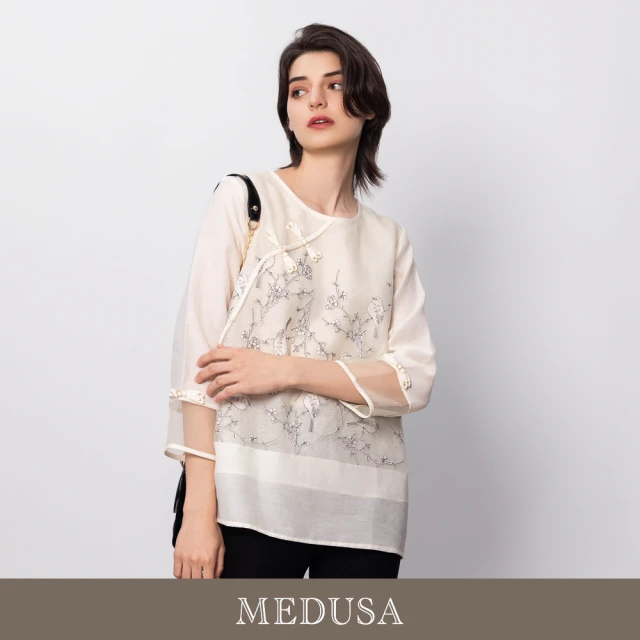 MEDUSA 曼度莎 現貨-米白長版新中式歐根紗上衣（M-XL）｜女長版上衣 絲感上衣(501-12801)