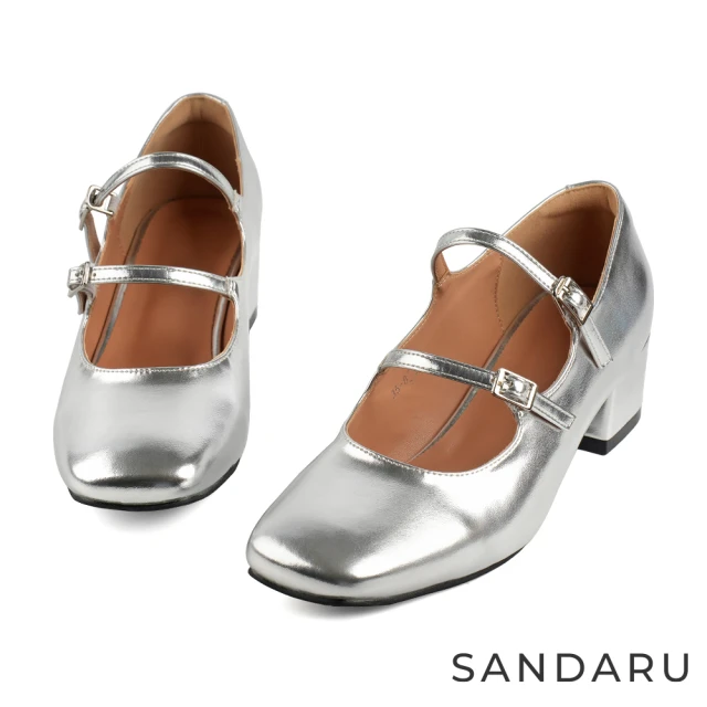 SANDARU 山打努 瑪莉珍 方頭雙帶釦中跟瑪莉珍鞋(銀) SANDARU 山打努 瑪莉珍 方頭雙帶釦中跟瑪莉珍鞋(銀)