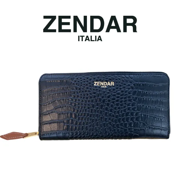 【ZENDAR】台灣總代理 限量1折 頂級小牛皮鱷魚紋拉鍊長夾 霏比系列 全新專櫃展示品(黑色 送禮盒提袋)