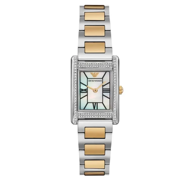 【EMPORIO ARMANI】亞曼尼 官方授權E1 Genni 永恆榮耀環鑽女錶 金色x銀色不鏽鋼女錶-22mm(AR11642)