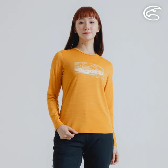 【ADISI】女圓領圖騰雲彩紗透氣快乾保暖上衣 AL2421037 杏黃 S-2XL(磨毛 輕量 排汗 速乾 彈性)