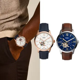 【FOSSIL 官方旗艦館】Townsman系列 城市雅痞鏤空機械手錶 真皮錶帶44MM(2色可選)