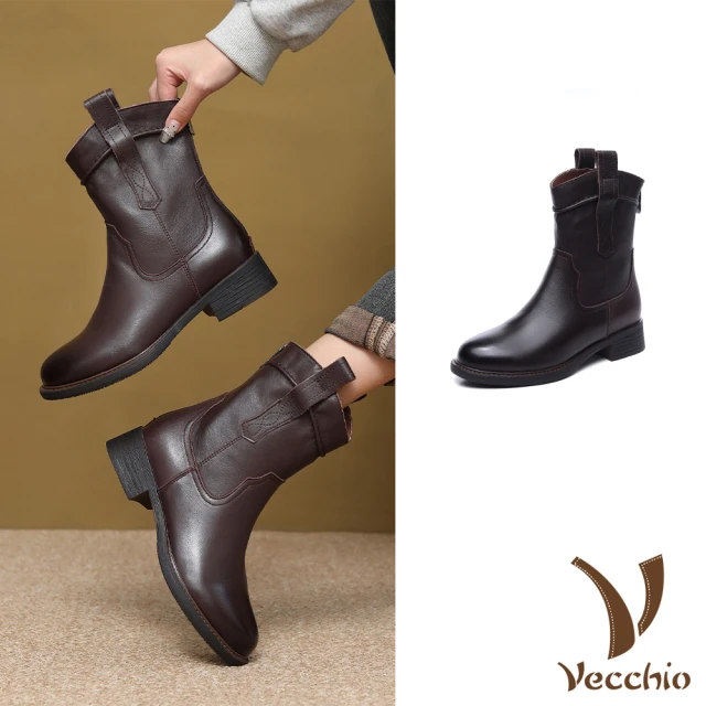 Vecchio 真皮中筒靴 粗跟中筒靴/真皮頭層牛皮經典復古小圓頭粗跟中筒靴(棕)