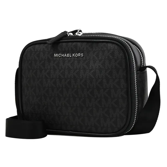 【Michael Kors】經典MK印花LOGO寬背帶雙層拉鍊小包斜背包(黑灰)