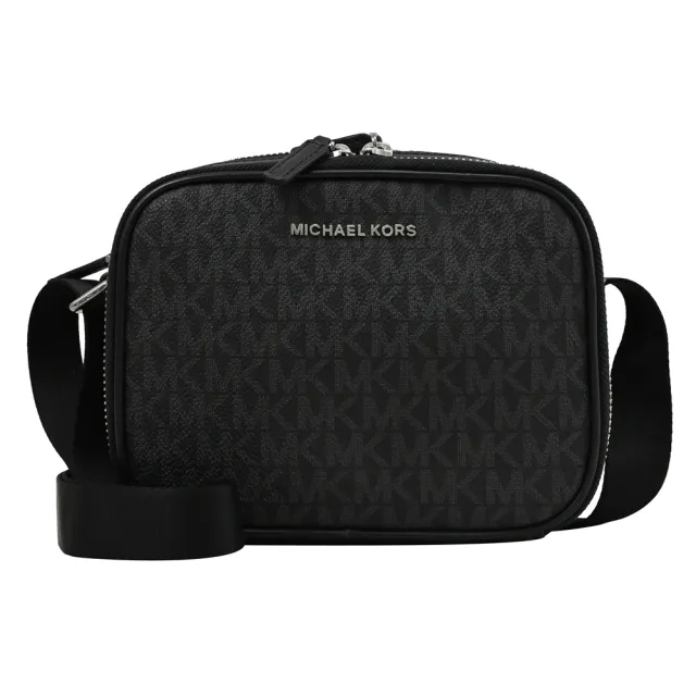 【Michael Kors】經典MK印花LOGO寬背帶雙層拉鍊小包斜背包(黑灰)