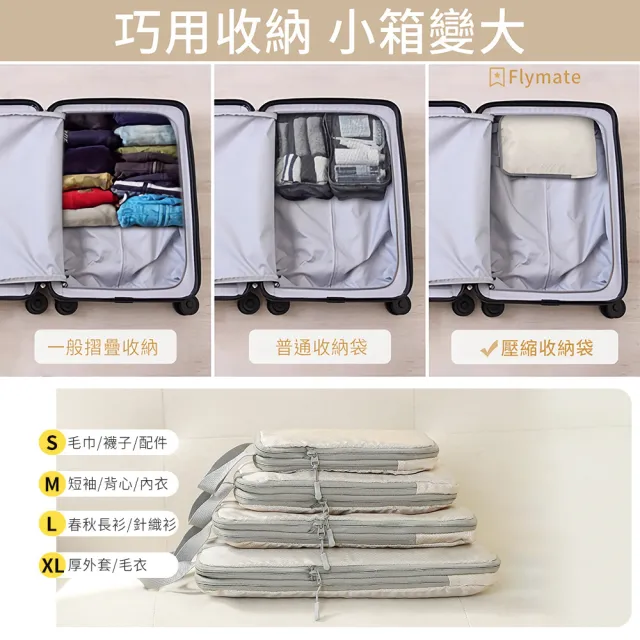 【Flymate】壓縮旅行收納袋4件組 機能防潑水抗皺 可機洗衣物收納包 出國旅遊衣服分裝袋 行李箱壓縮袋