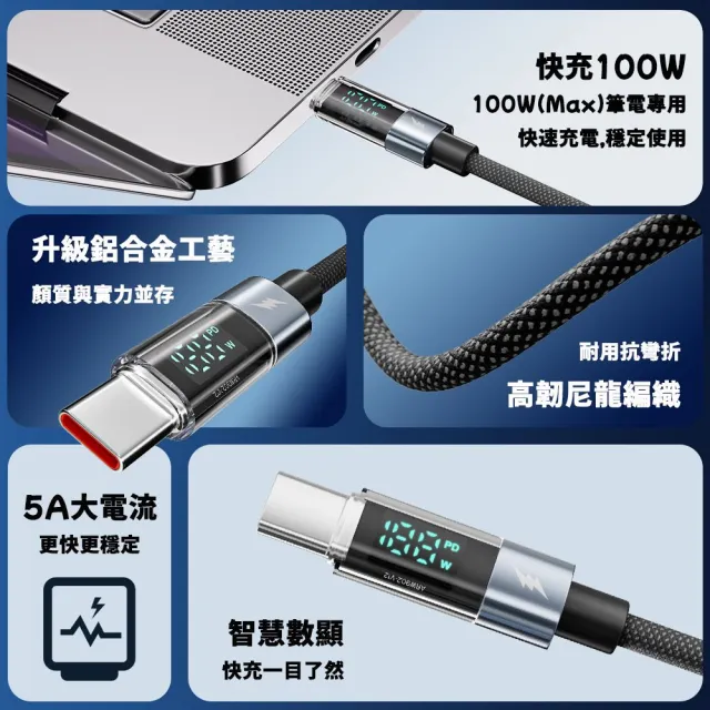 【Golf】急速 PD 100W USB-C to USB-C LED數顯充電編織傳輸線 1.2m(數位顯示功率)