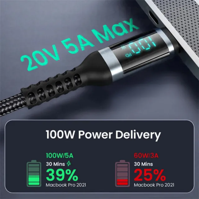 【Golf】急速 PD 100W USB-C to USB-C LED數顯充電編織傳輸線 1.2m(數位顯示功率)