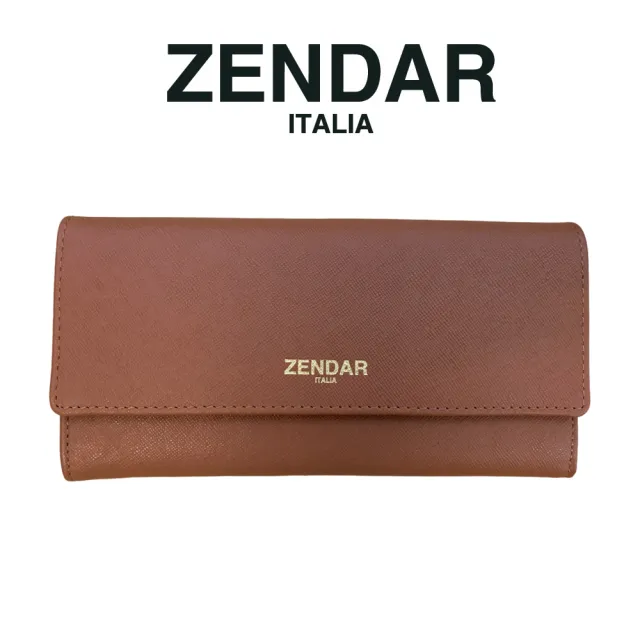 【ZENDAR】限量1折 頂級小牛皮十字紋翻蓋長夾 米蘭系列 全新專櫃展示品(琥珀色 送禮盒提袋)