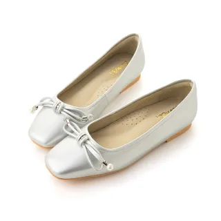 【amai】水鑽珍珠蝴蝶結低跟芭蕾鞋 娃娃鞋 低跟鞋 平底鞋 懶人鞋 芭蕾舞鞋 時尚 大尺碼 FF13-6SR(銀色)