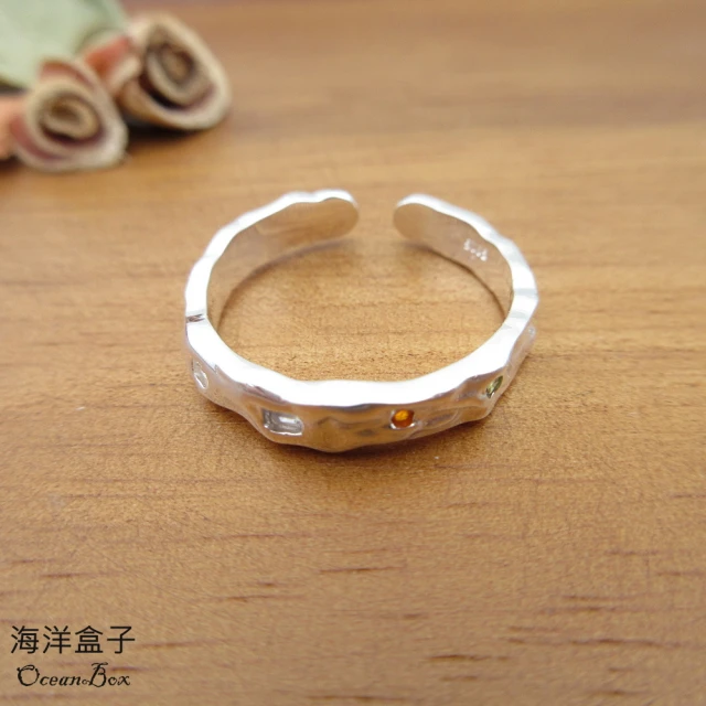 海洋盒子海洋盒子 簡約亮眼不規則錫紋肌理繽紛幾何鋯石925純銀戒指(可調整戒圍)