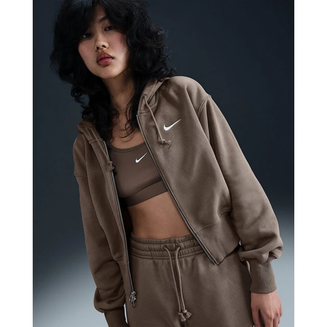 NIKE 耐吉 連帽外套 寬鬆短版休閒外套 女款 AS W NSW PHNX FLC LSE CROP FZ 棕色(HJ0941233)