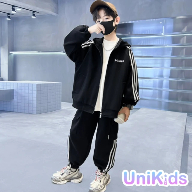 UniKids 現貨 中大童160碼2件套裝長袖連帽外套三槓運動長褲 男大童裝 VPA818(黑不加絨)