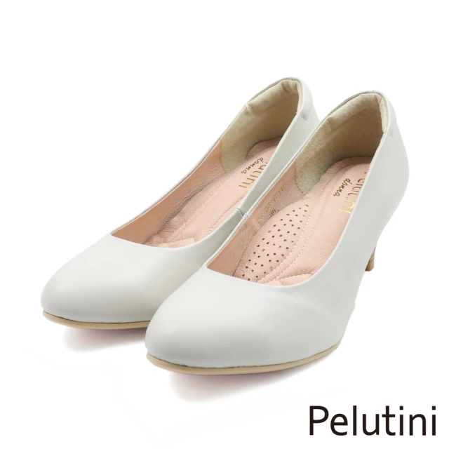 Pelutini 氣質典雅素面柔軟氣墊中低跟淑女鞋 白色(PE1003W-IV)