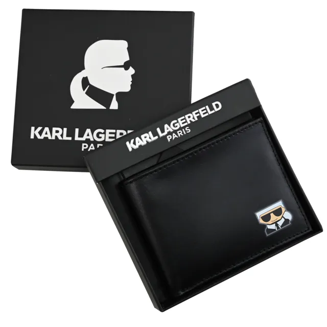 【KARL LAGERFELD 卡爾】紀念款老佛爺公仔圖案6卡短夾禮盒組(黑)