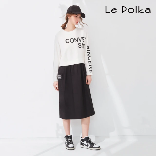 Le Polka 文字印花拼接長袖洋裝-女