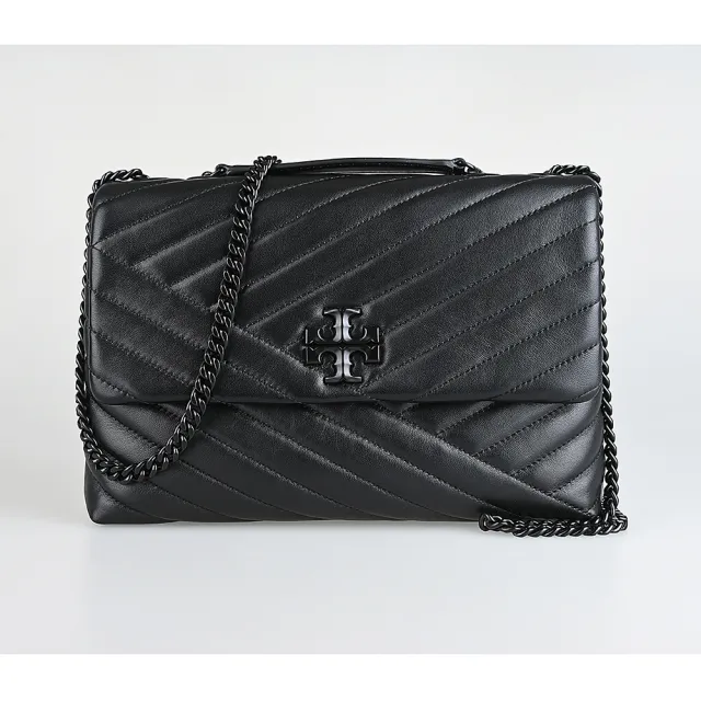 【TORY BURCH】TORY BURCH Kira雙T黑字LOGO小羊皮斜紋線設計翻蓋磁釦式肩背/斜背包(黑)