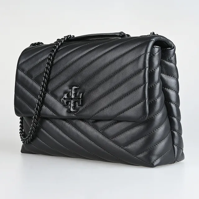 【TORY BURCH】TORY BURCH Kira雙T黑字LOGO小羊皮斜紋線設計翻蓋磁釦式肩背/斜背包(黑)