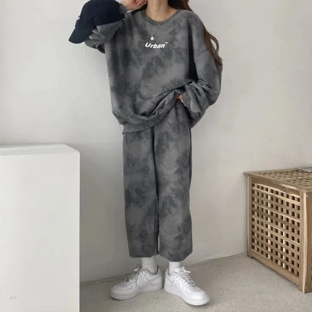 初色 韓版拉鍊半門襟翻領長袖T恤上衣女上衣+純色直筒褲休閒褲