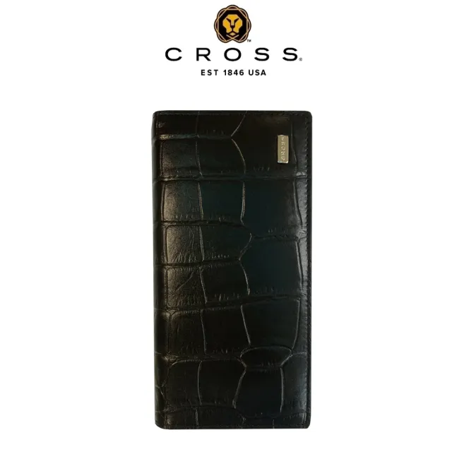 【CROSS】台灣總經銷 限量1折 頂級小牛皮鱷魚紋22卡1零錢袋長夾 全新專櫃展示品(黑色 送禮盒提袋)