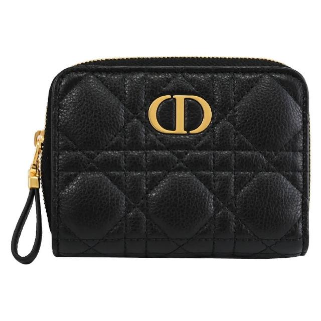【Dior 迪奧】Caro Scarlet 簡約金屬LOGO格紋小牛皮雙面扣式零錢短夾(黑/金)