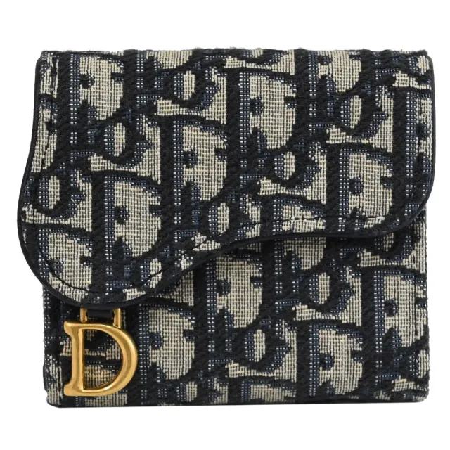 【Dior 迪奧】Saddle Lotus 經典品牌緹花布吊飾拼接三折扣式零錢短夾(深藍)