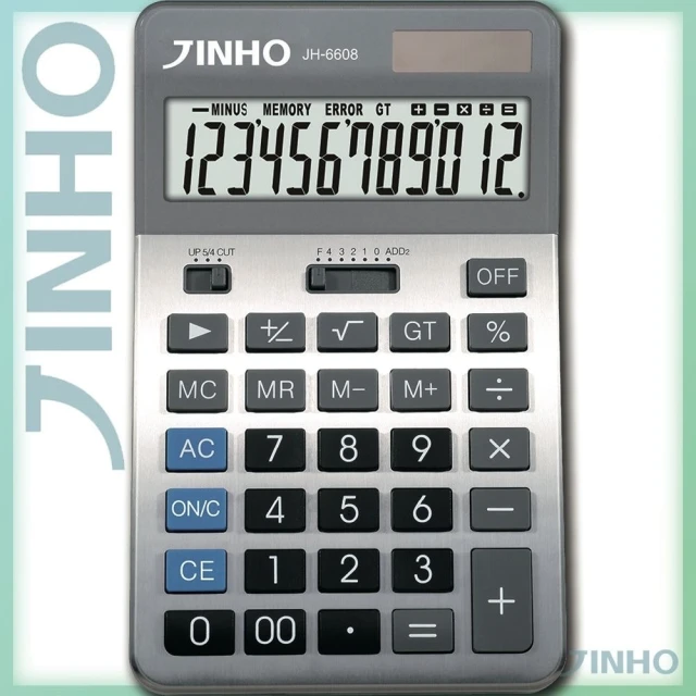 JINHO 京禾 12位數金屬拉絲面板太陽能雙電源供應大面板計算機JH-6608(學生必備 辦公室用品)