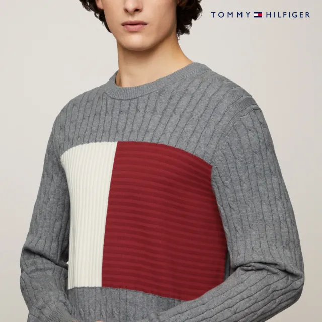 【TOMMY HILFIGER】官方旗艦館 絞花針織旗幟毛衣_灰色