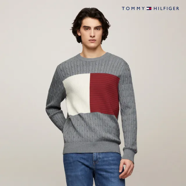 【TOMMY HILFIGER】官方旗艦館 絞花針織旗幟毛衣_灰色