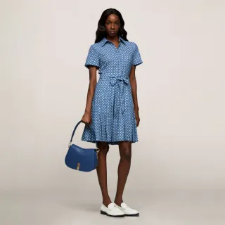 【TOMMY HILFIGER】官方旗艦館 絲巾圖案百褶襯衫洋裝_藍色