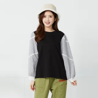 【betty’s 貝蒂思】條紋蕾絲拼接素面圓領T-shirt(共二色)