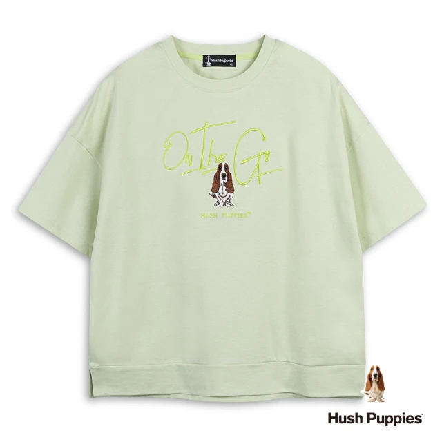 Hush Puppies 女裝 上衣 簡約草寫英文刺繡狗寬版上衣(淺綠 / 53210105)