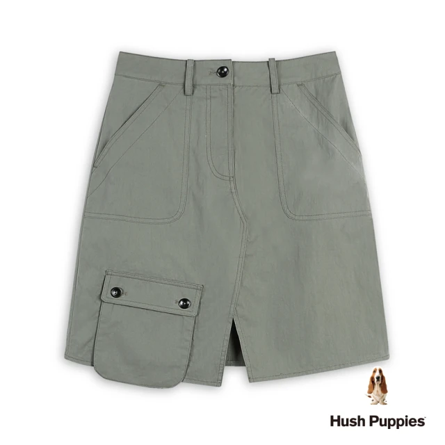 Hush Puppies 女裝 裙子 素色工裝前開岔膝上裙(灰綠 / 532523101)