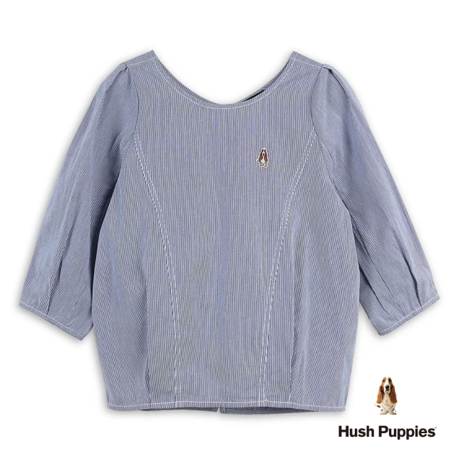 Hush Puppies 女裝 上衣 細直條紋澎澎袖刺繡小狗上衣(藍色 / 53210104)