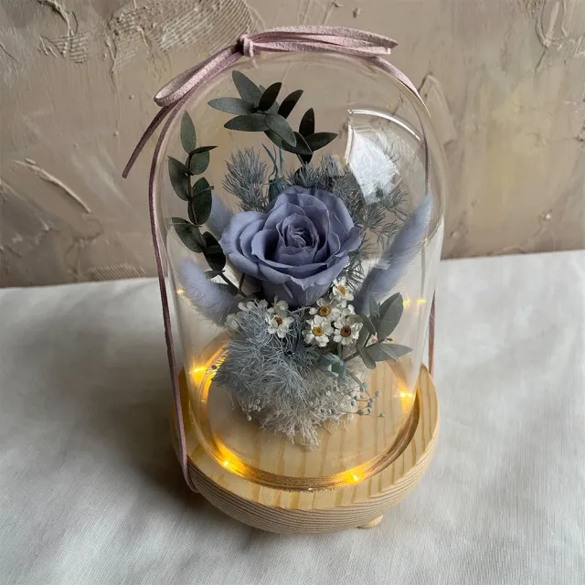 【OSTARA FLORIST 奧斯塔拉花藝】莫蘭迪藍永生玫瑰玻璃罩(永生花、玫瑰花、情人節、母親節、生日)