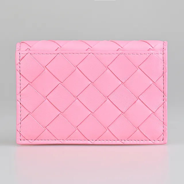 【BOTTEGA VENETA 寶緹嘉】BV BOTTEGA VENETA Intrecciato經典LOGO小編織設計小羊皮2卡釦式卡包(絲帶粉)
