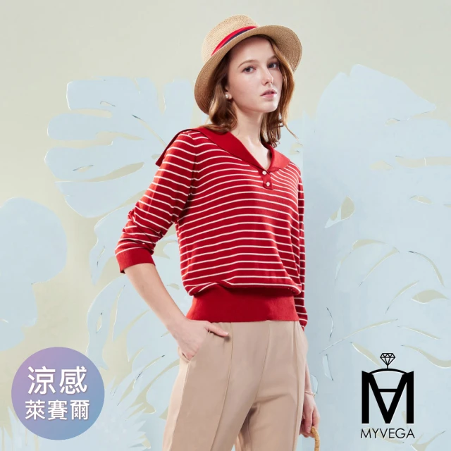 【MYVEGA 麥雪爾】MA水手領條紋七分袖針織上衣-紅(通勤風/)