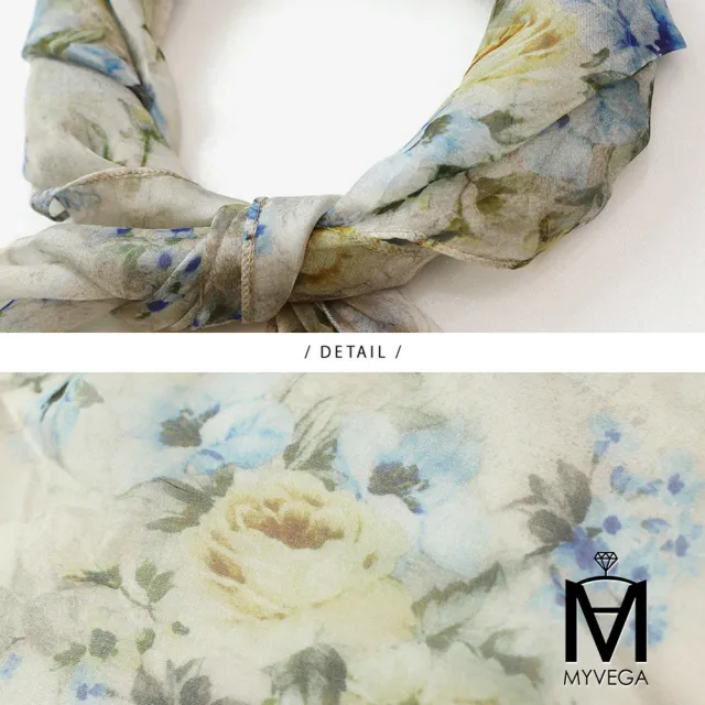 【MYVEGA 麥雪爾】出清品 MA飄逸蝴蝶花朵印花絲巾-卡其(通勤風/)